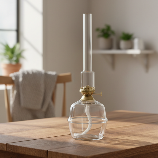 Petroleumslampe Majken stor klart glas messing