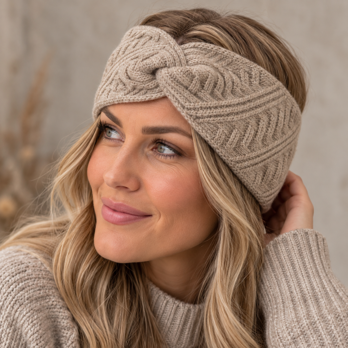 Stickat pannband, Beige