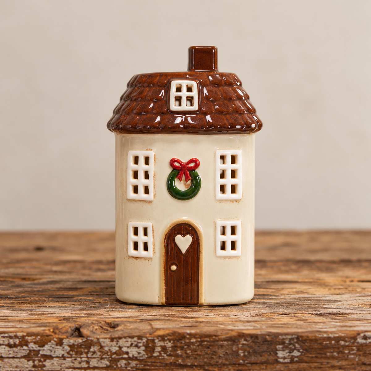 Fyrfadsstage, Keramikhus Beige/Grøn 15cm