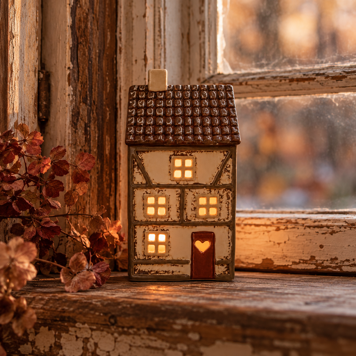 Ljuslykta, Keramikhus Beige/Grön 15cm